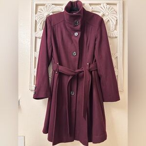 😍 Gorgeous Deep Wine Belted Pea Coat • Fully Lined • EUC